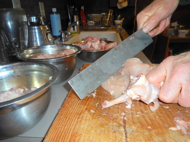 I'm chopping up Nimble's raw meaty bones... if she eats grass afterwards she might throw it up!