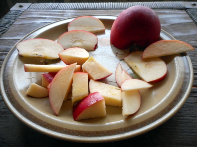 Dogs love to eat apples cut up into different sizes and shapes