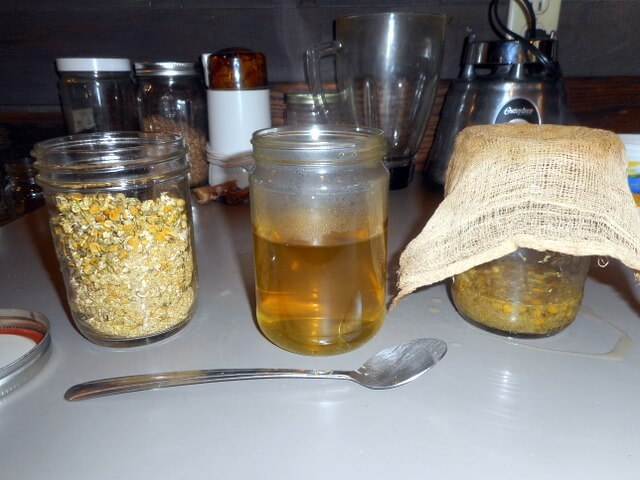 Our dog upset stomach home remedy... organic chamomile flowers, organic cheese cloth and distilled water.