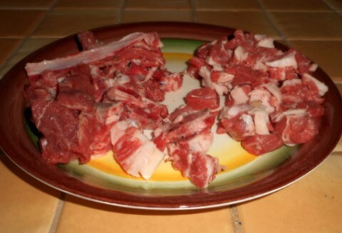 A big plate full of Nimble Doggy's favorite raw meat dog food diet... meaty bones